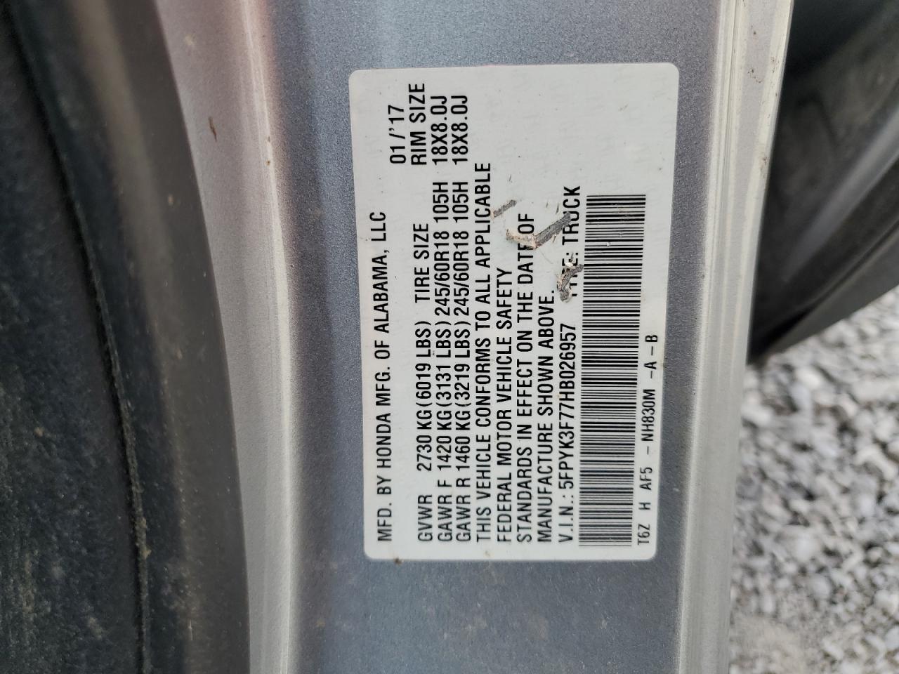 2017 Honda Ridgeline Rtl VIN: 5FPYK3F77HB026957 Lot: 69103445