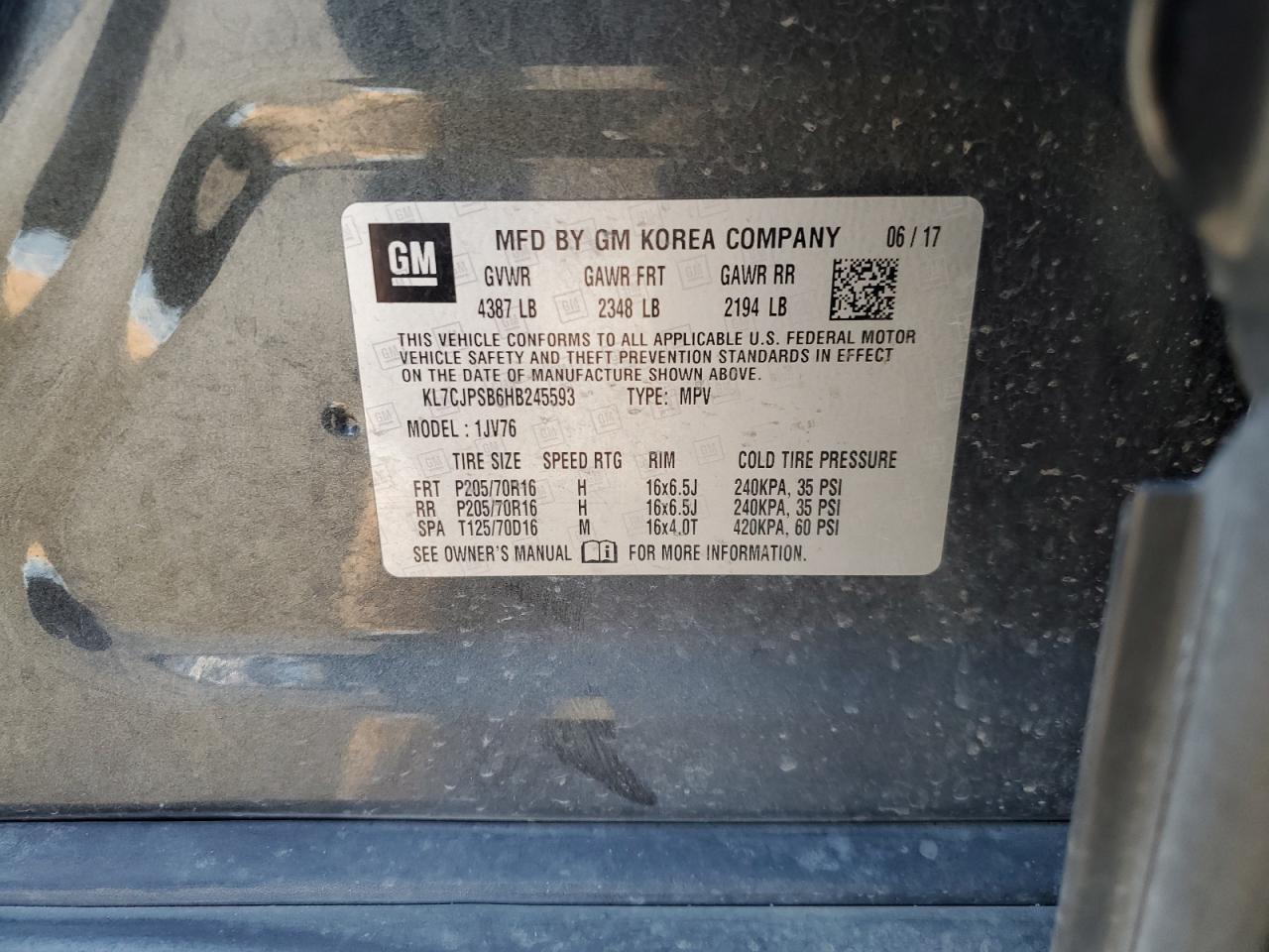 2017 Chevrolet Trax 1Lt VIN: KL7CJPSB6HB245593 Lot: 69782435