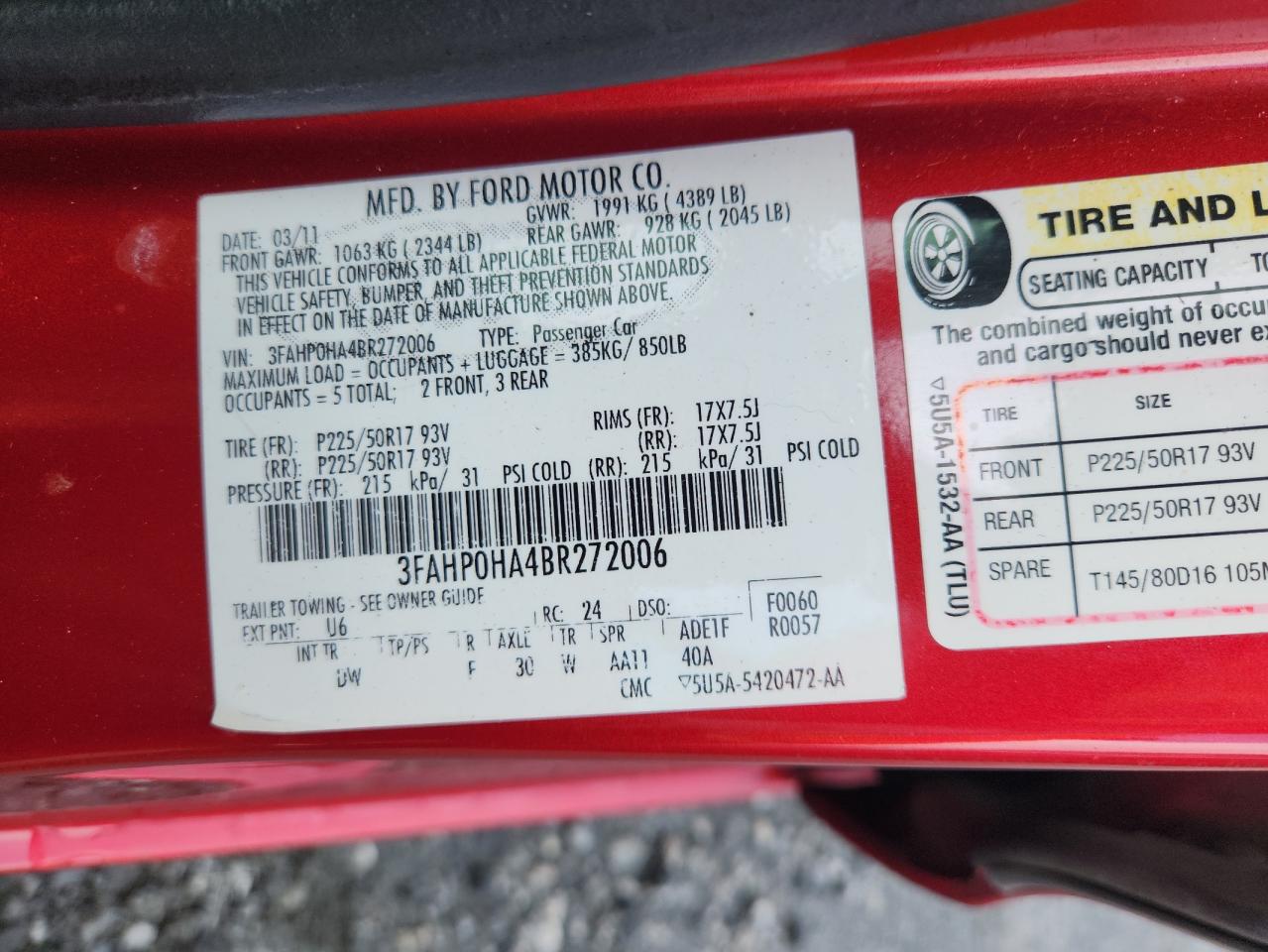 2011 Ford Fusion Se VIN: 3FAHP0HA4BR272006 Lot: 68649125