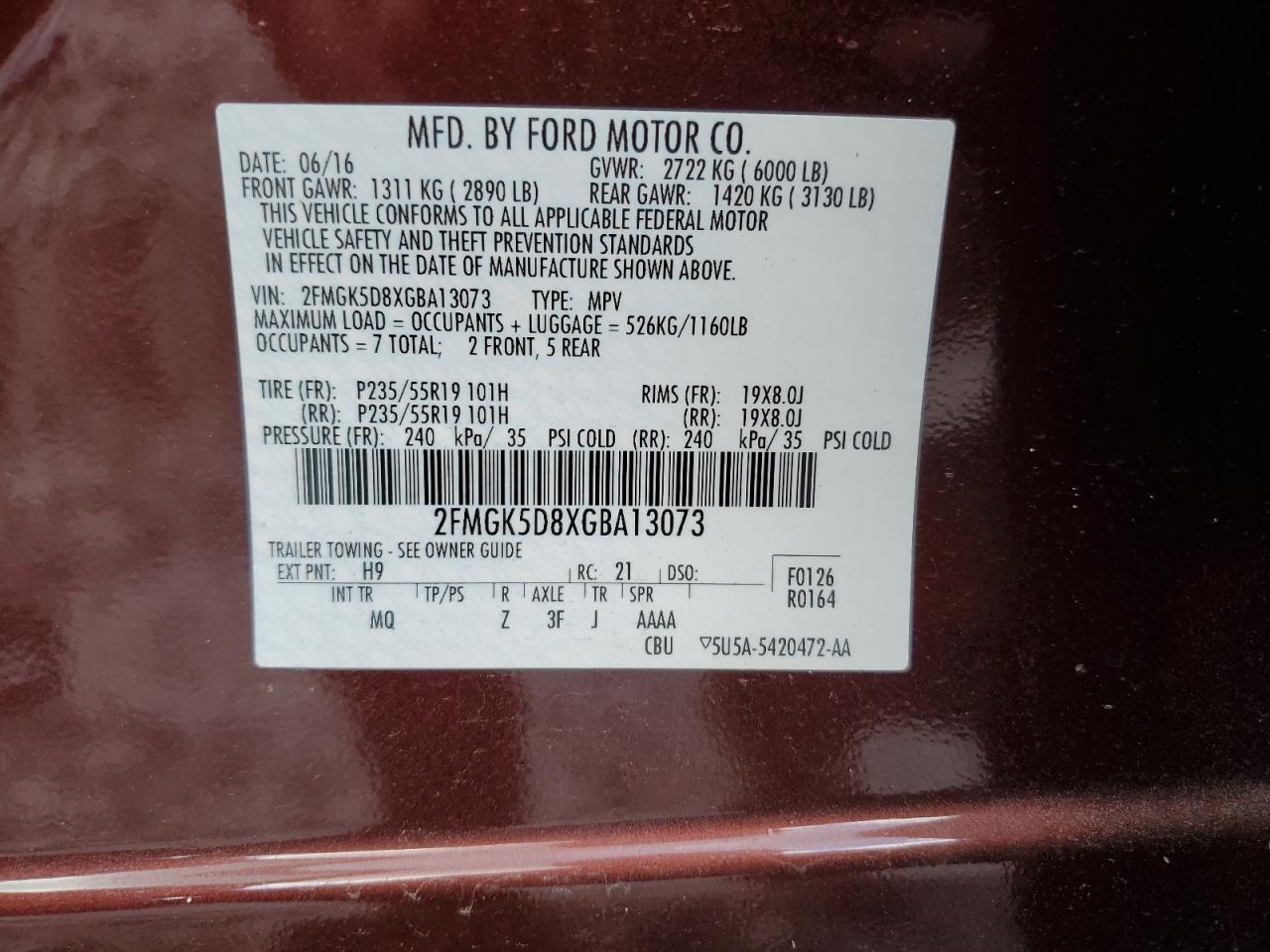 2016 Ford Flex Limited VIN: 2FMGK5D8XGBA13073 Lot: 69733445