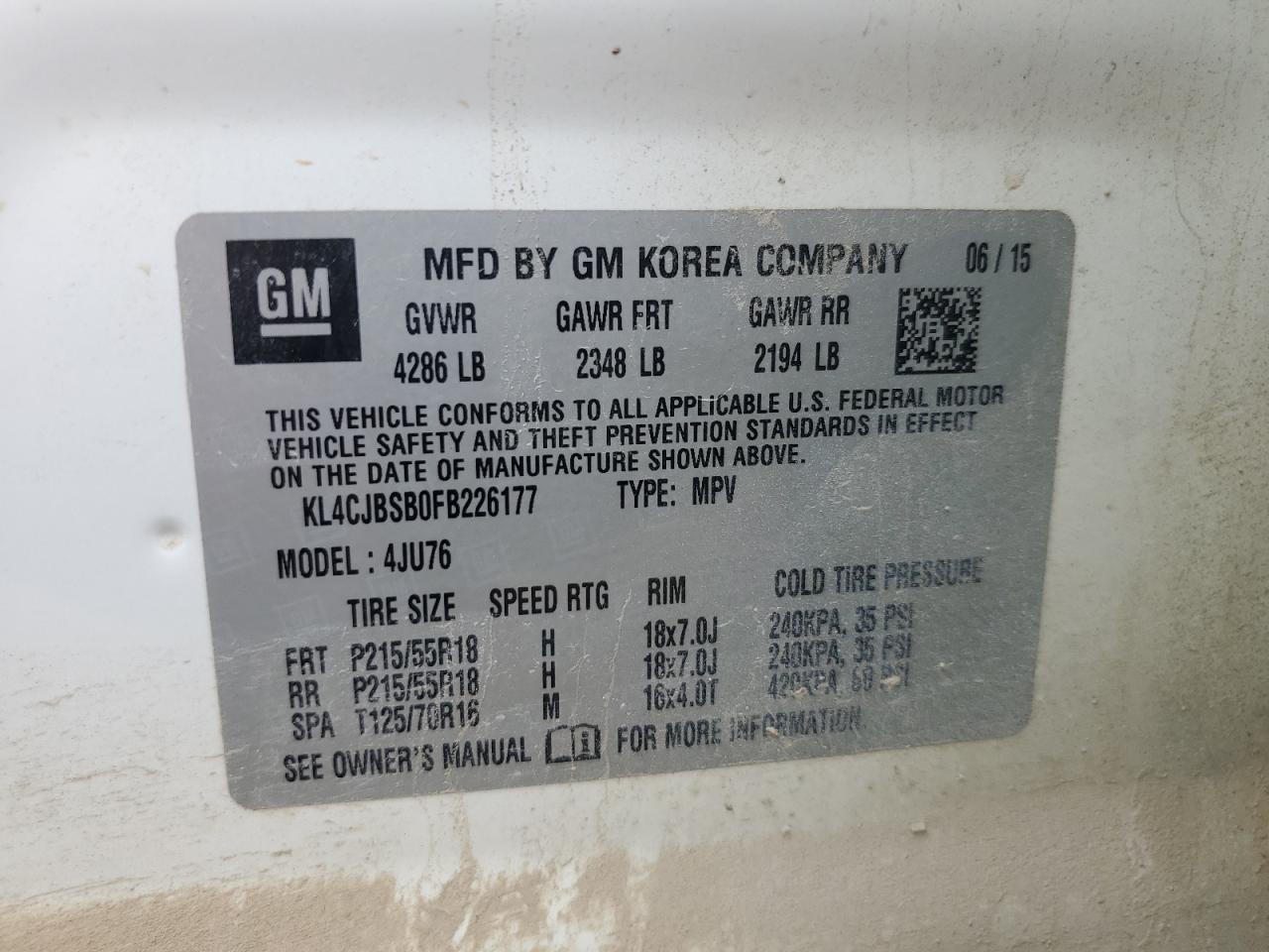 2015 Buick Encore Convenience VIN: KL4CJBSB0FB226177 Lot: 67527225