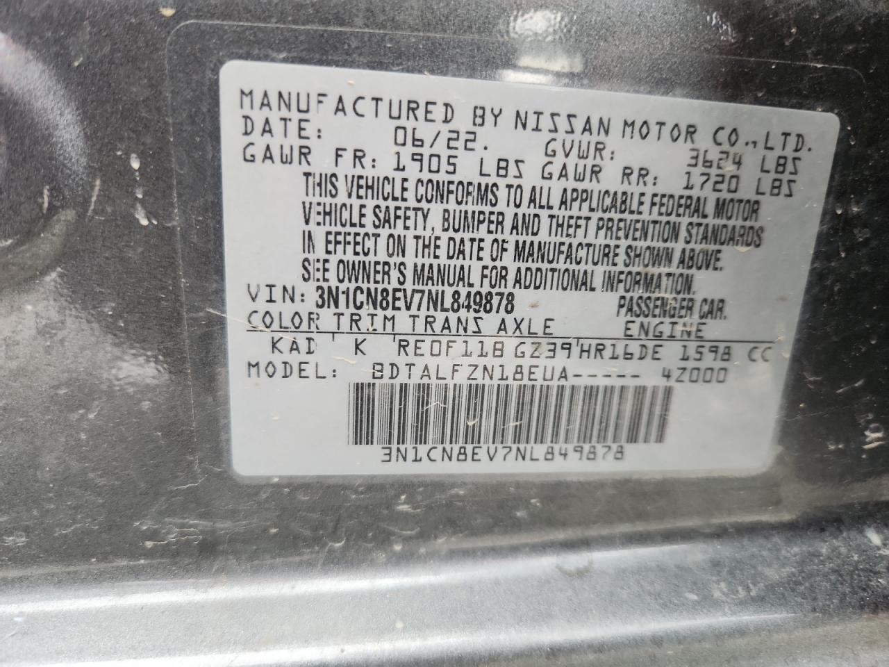 2022 Nissan Versa Sv VIN: 3N1CN8EV7NL849878 Lot: 70006145