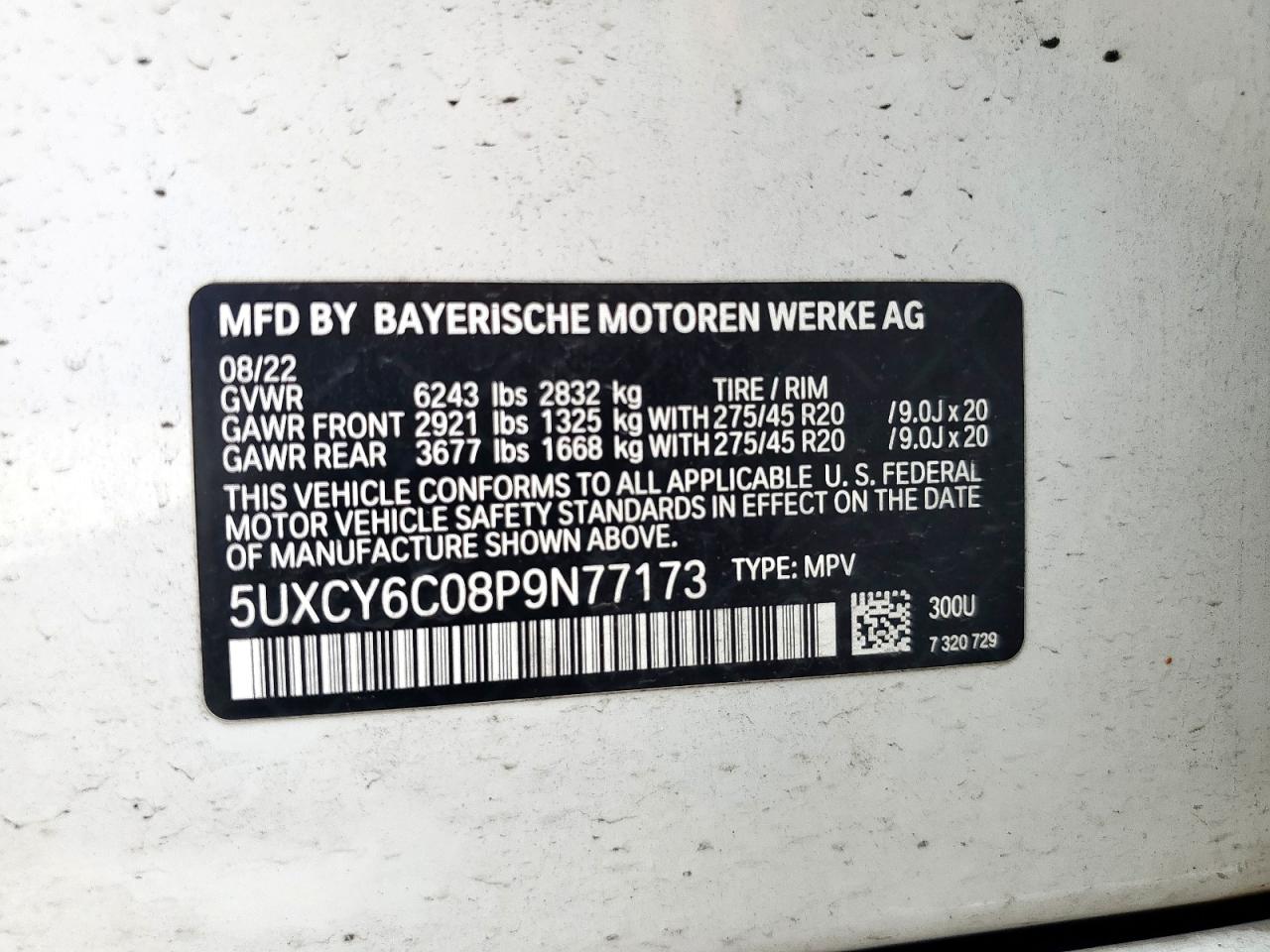 2023 BMW X6 xDrive40I VIN: 5UXCY6C08P9N77173 Lot: 66895885