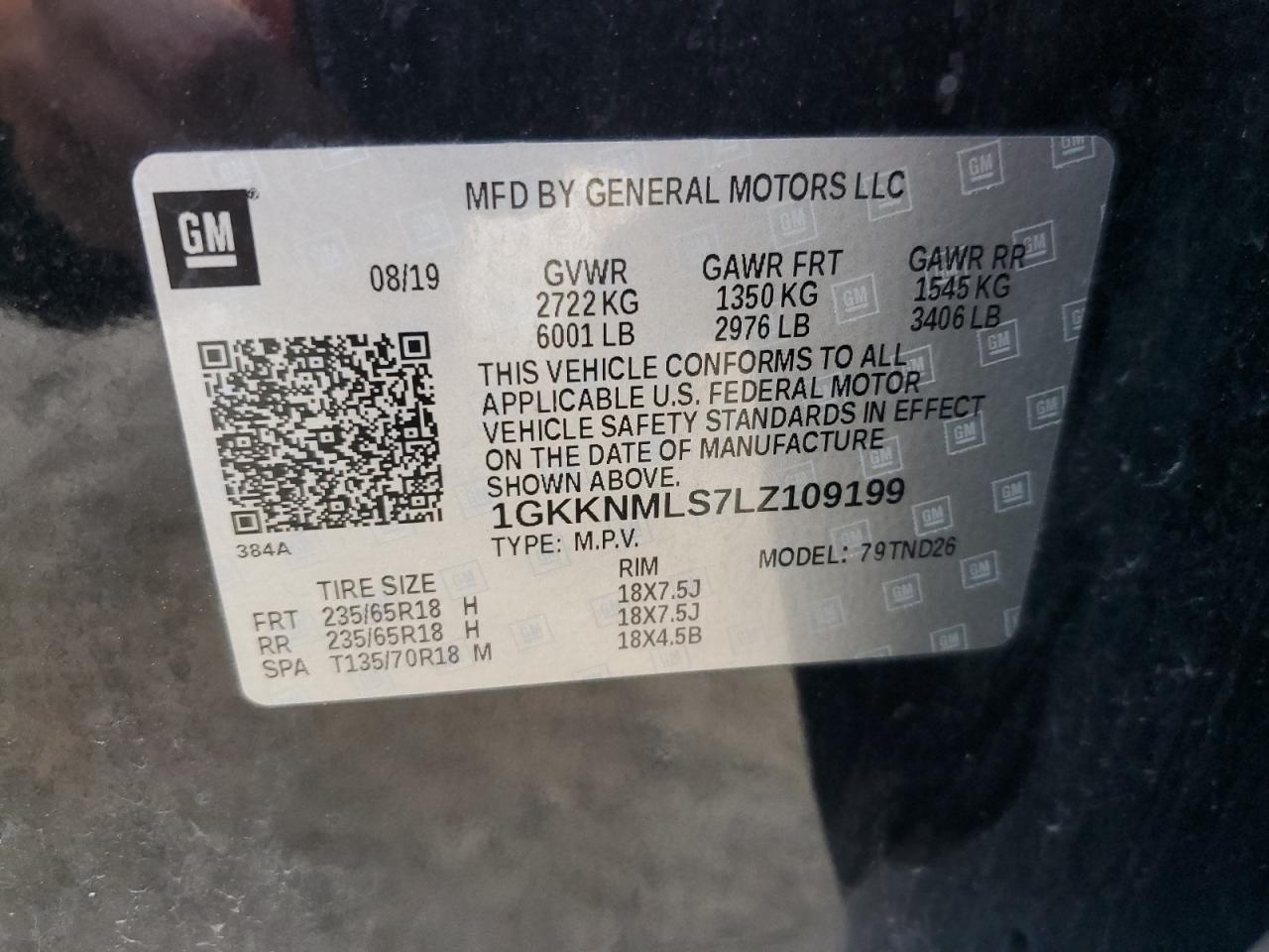 2020 GMC Acadia Slt VIN: 1GKKNMLS7LZ109199 Lot: 69907495