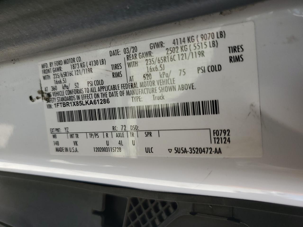 2020 Ford Transit T-250 VIN: 1FTBR1X85LKA61286 Lot: 67433145