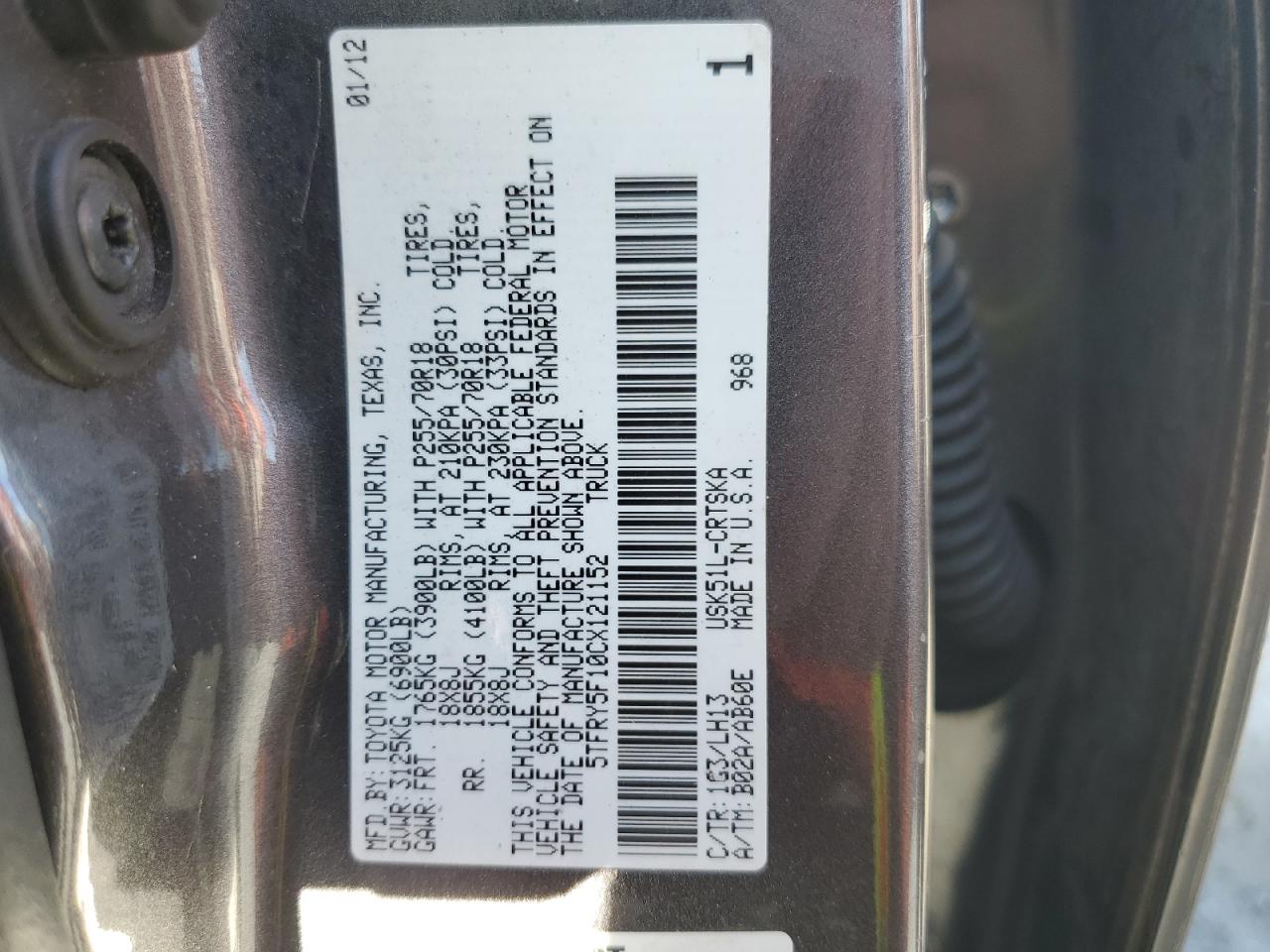 2012 Toyota Tundra Double Cab Sr5 VIN: 5TFRY5F10CX121152 Lot: 68947705