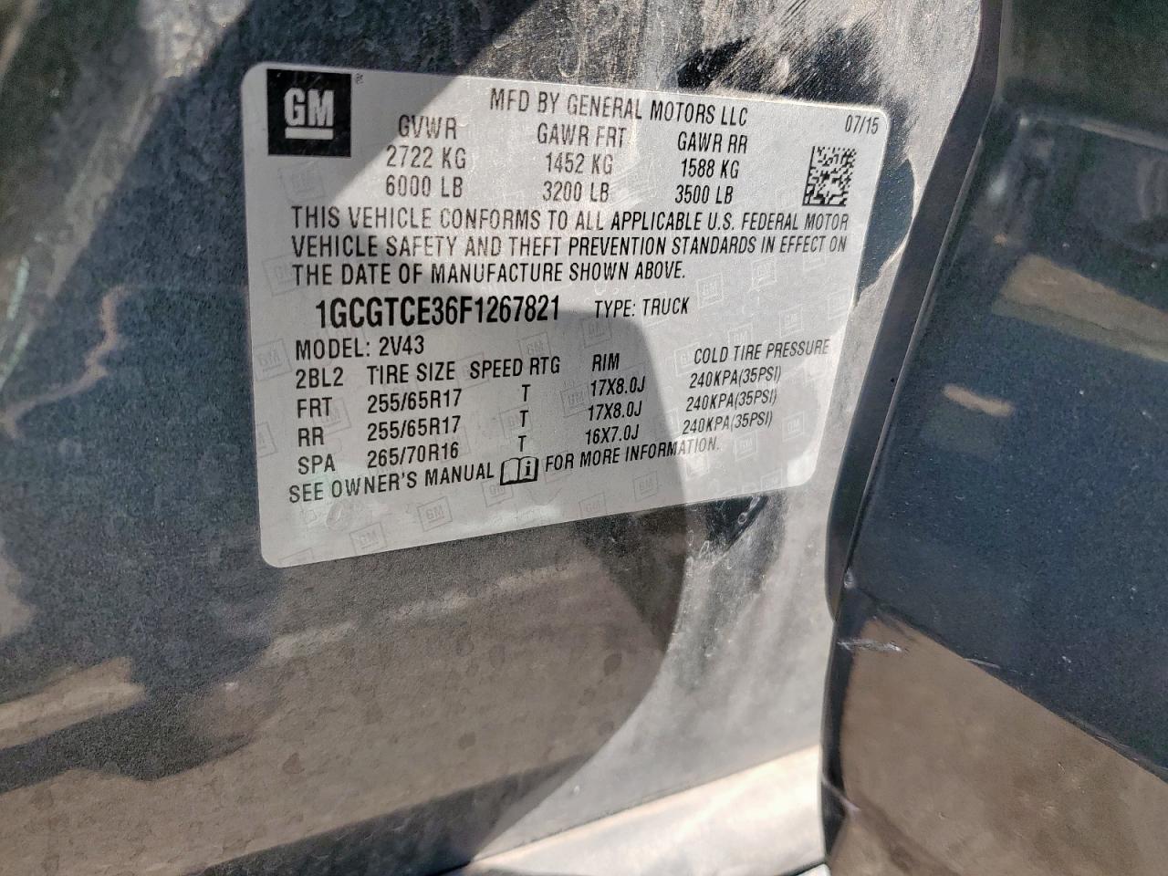 2015 Chevrolet Colorado Z71 VIN: 1GCGTCE36F1267821 Lot: 68597865