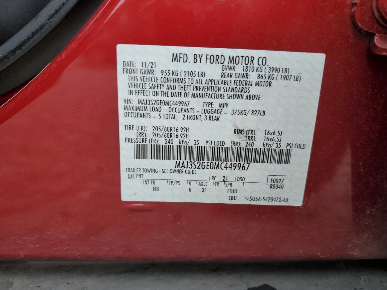 2021 Ford Ecosport Se VIN: MAJ3S2GE0MC449967 Lot: 67419365