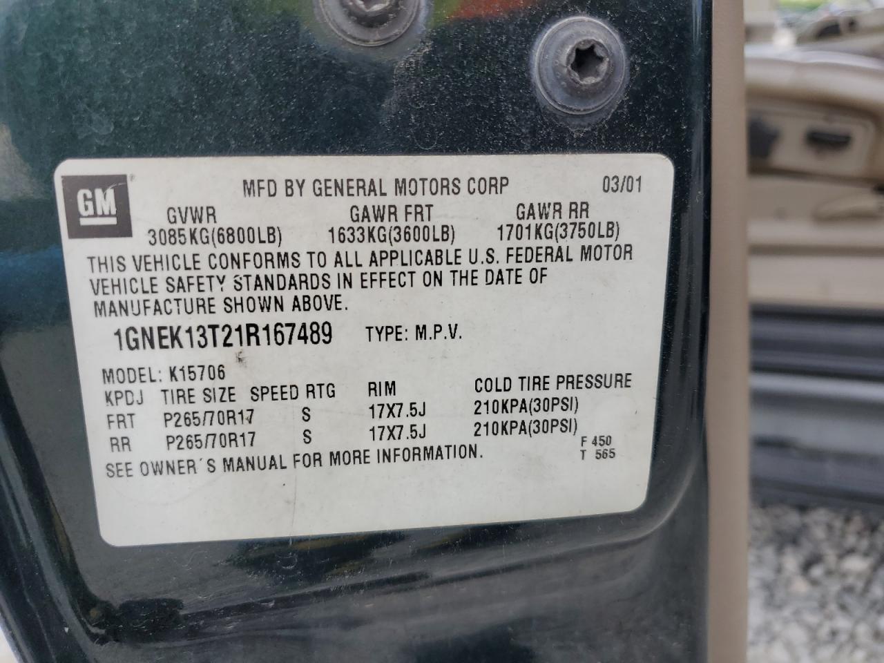 2001 Chevrolet Tahoe K1500 VIN: 1GNEK13T21R167489 Lot: 67723905