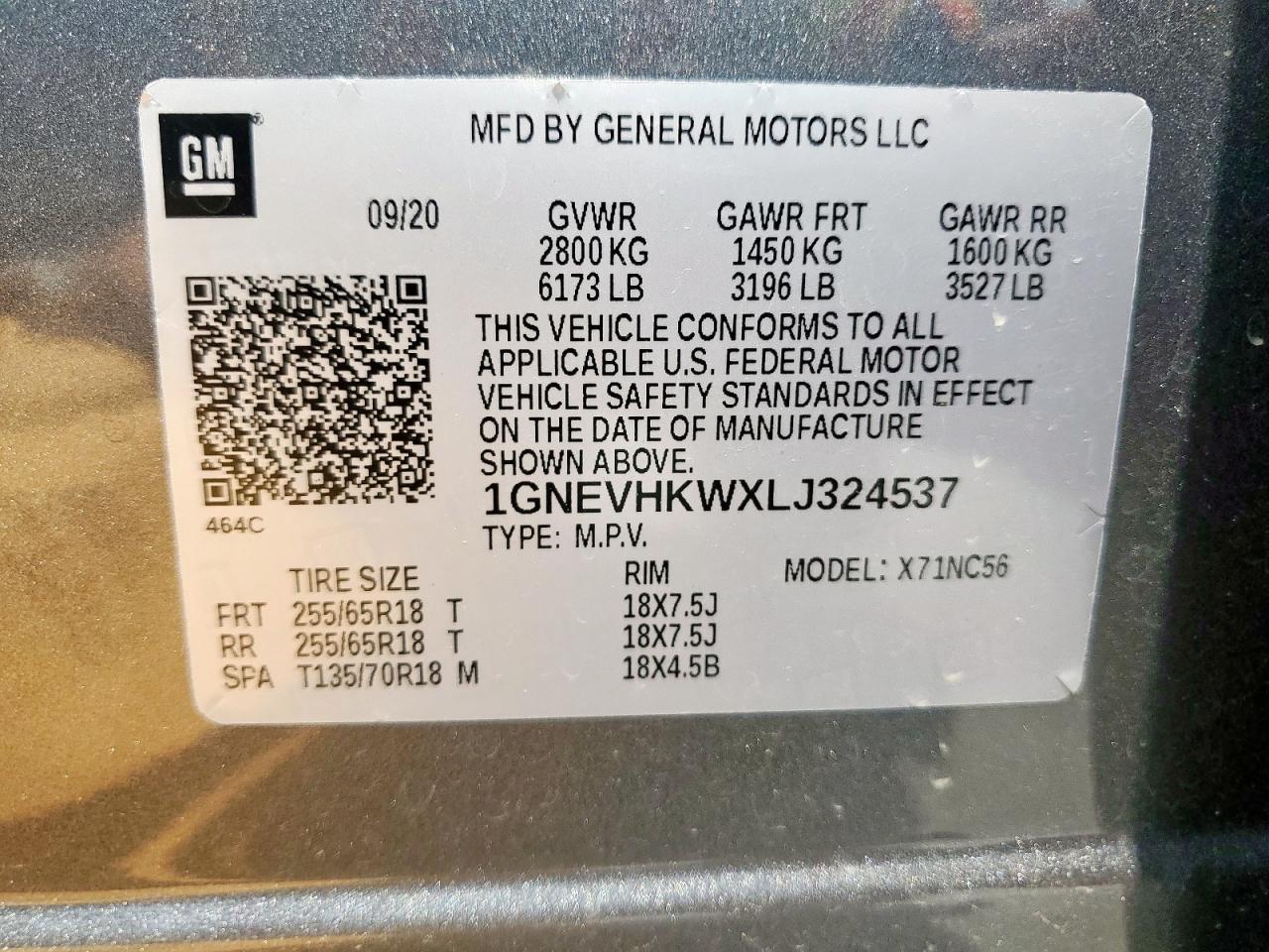 2020 Chevrolet Traverse Lt VIN: 1GNEVHKWXLJ324537 Lot: 69967515