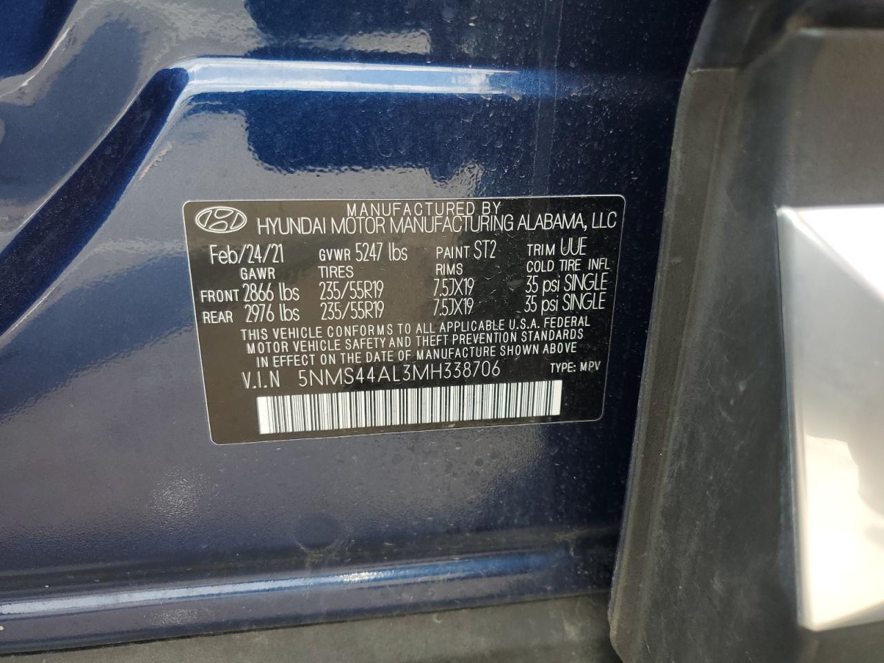 2021 Hyundai Santa Fe Limited VIN: 5NMS44AL3MH338706 Lot: 68819845
