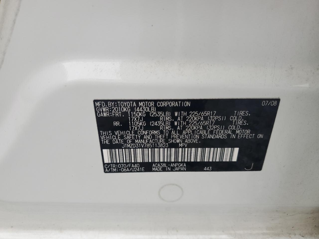 2008 Toyota Rav4 Limited VIN: JTMZD31V785113823 Lot: 67506505