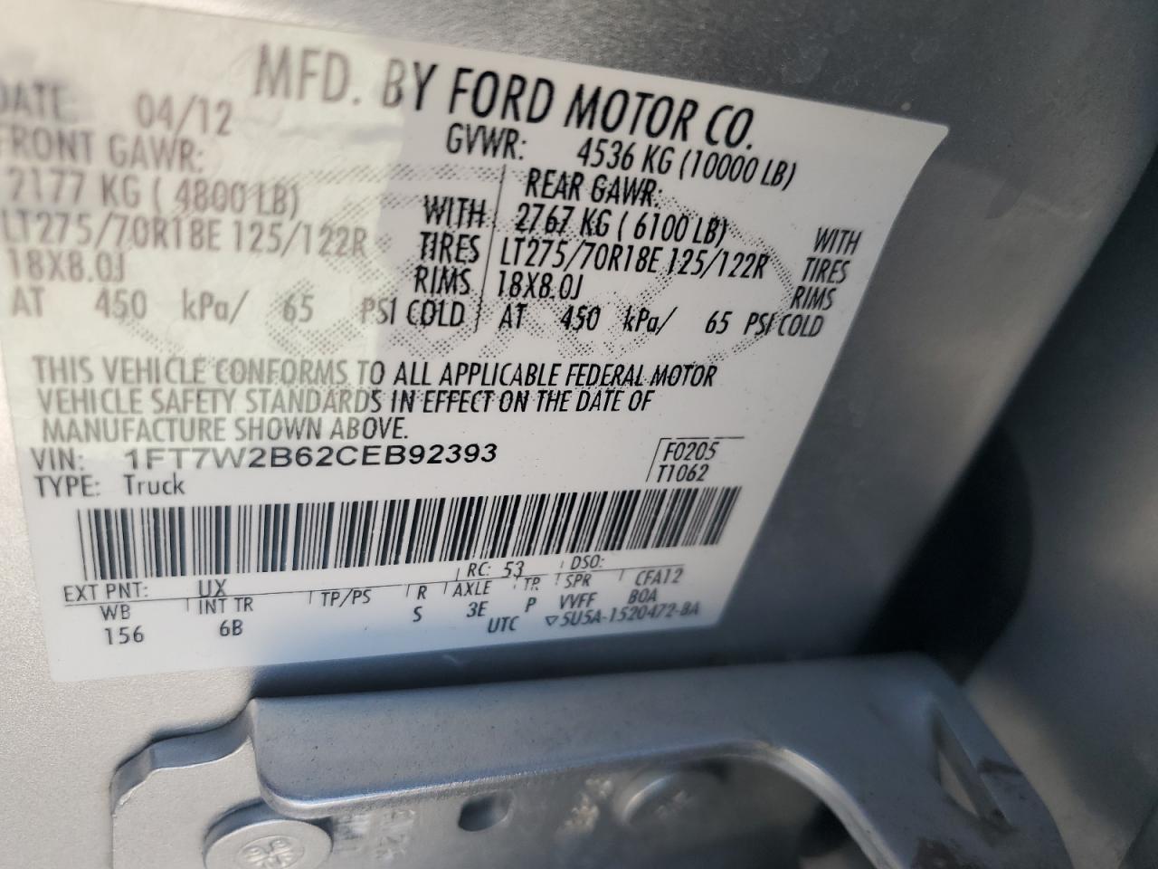 2012 Ford F250 Super Duty VIN: 1FT7W2B62CEB92393 Lot: 70736715