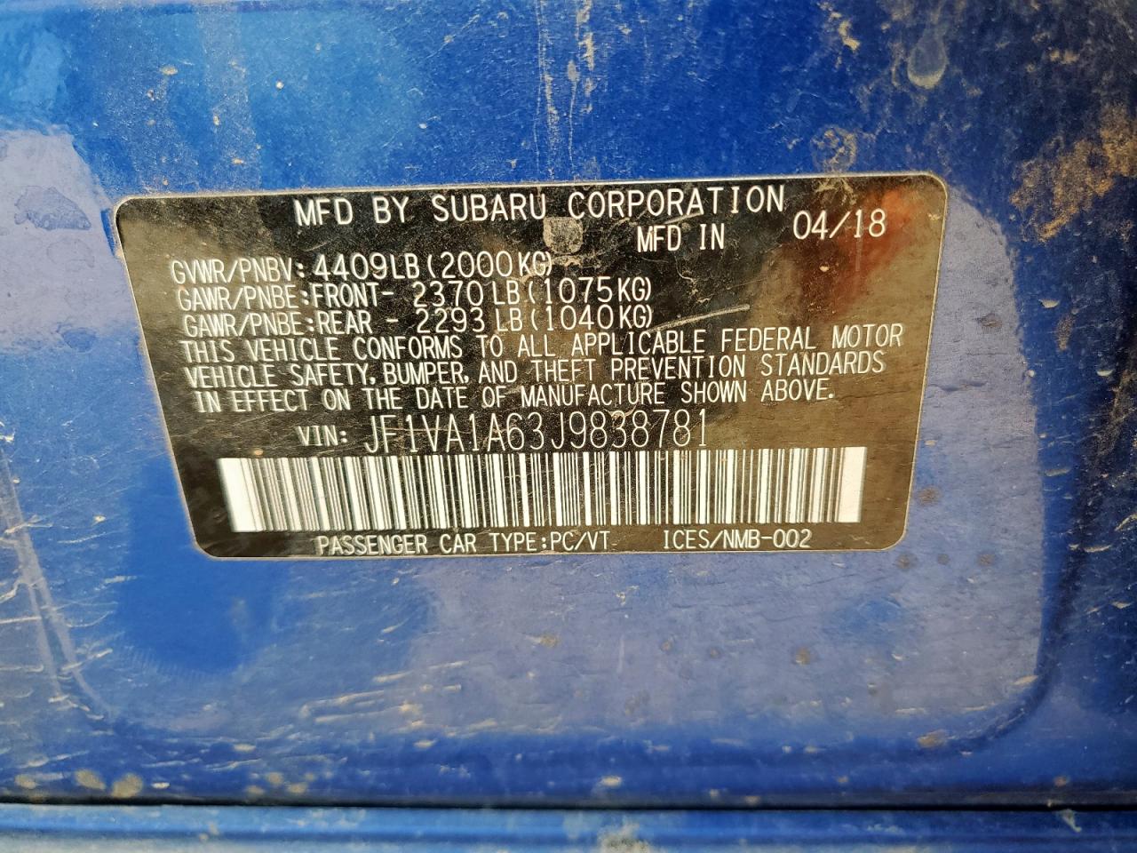 2018 Subaru Wrx VIN: JF1VA1A63J9838781 Lot: 70536165