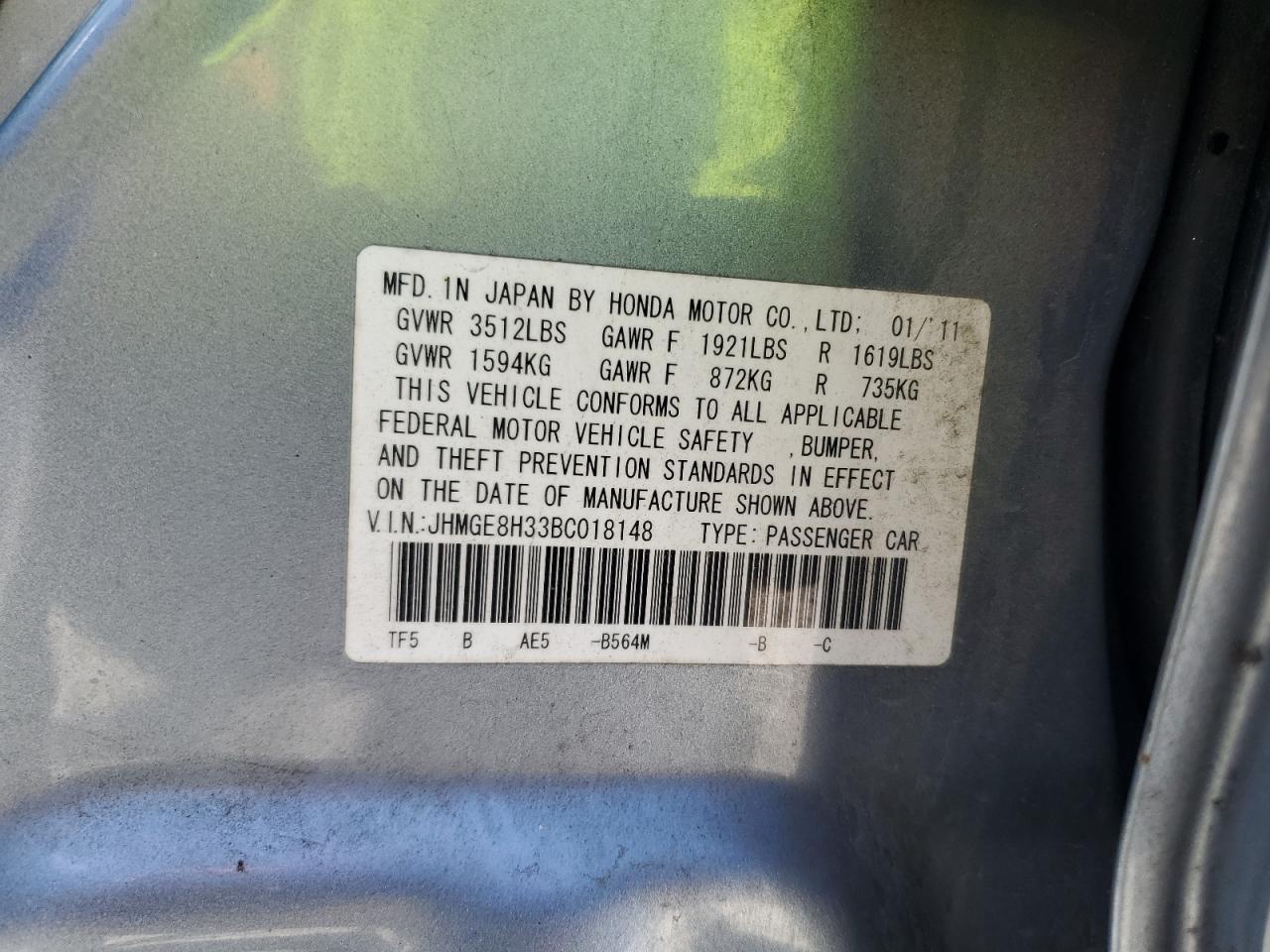 2011 Honda Fit VIN: JHMGE8H33BC018148 Lot: 71025735
