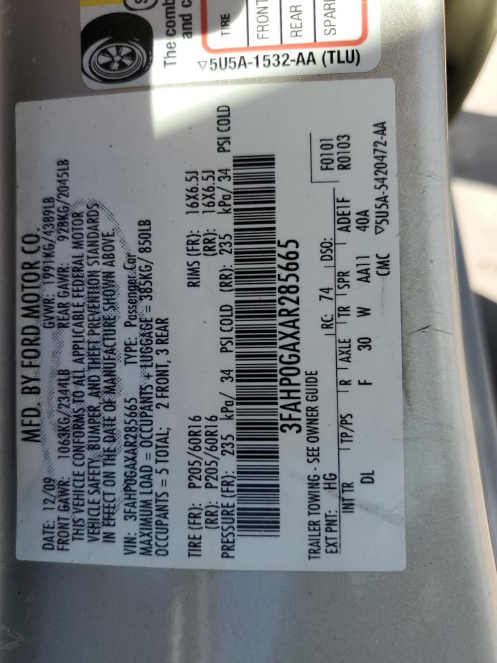 2010 Ford Fusion S VIN: 3FAHP0GAXAR285665 Lot: 67644765