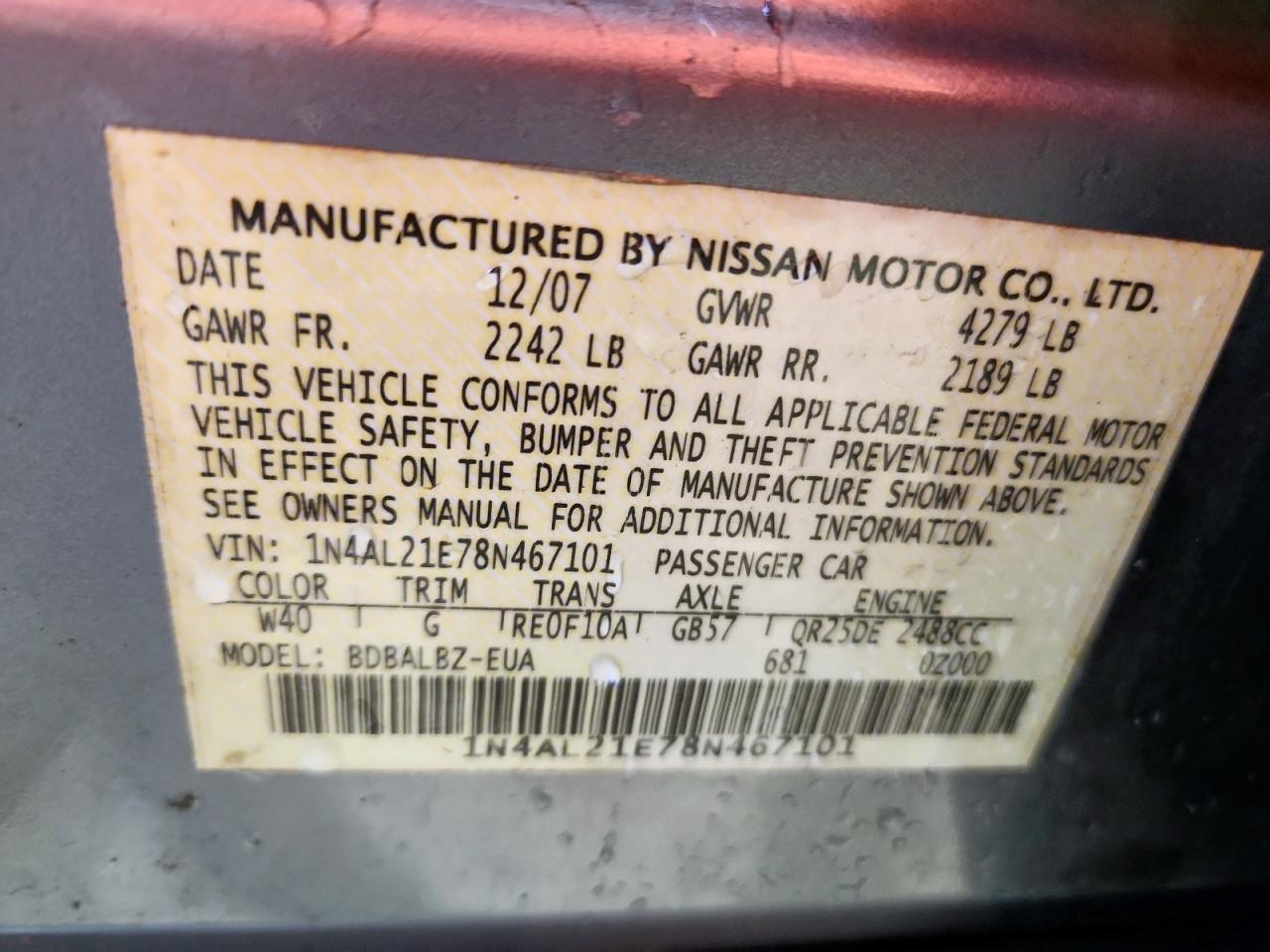 2008 Nissan Altima 2.5 VIN: 1N4AL21E78N467101 Lot: 70913945