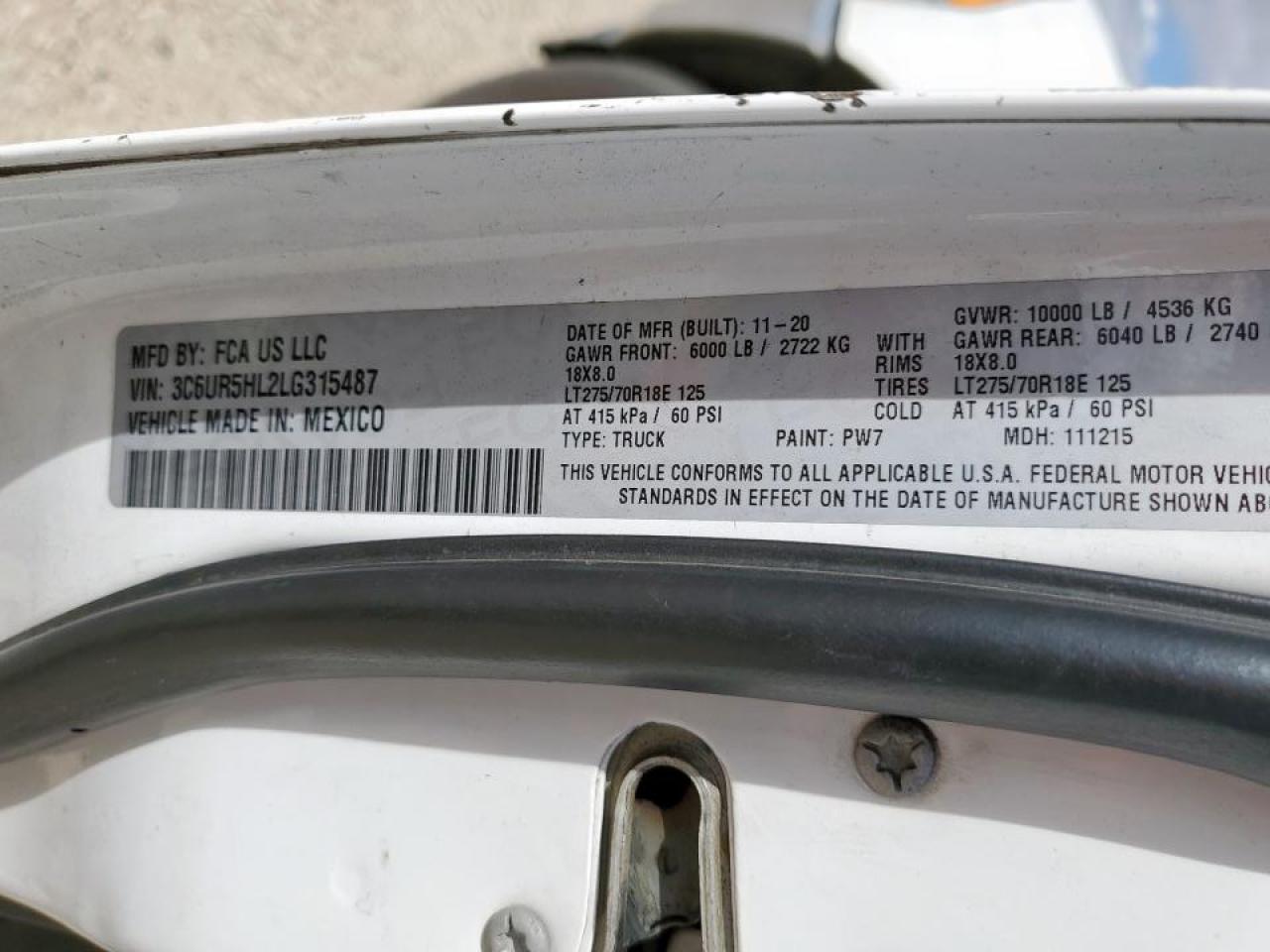 2020 Ram 2500 Tradesman VIN: 3C6UR5HL2LG315487 Lot: 69154965