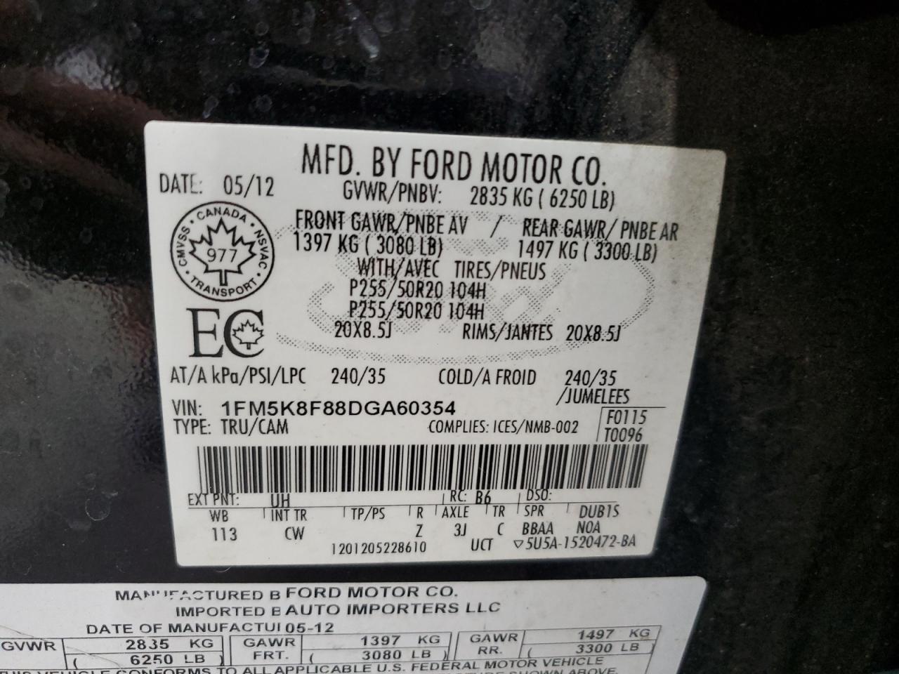 2013 Ford Explorer Limited VIN: 1FM5K8F88DGA60354 Lot: 70676885