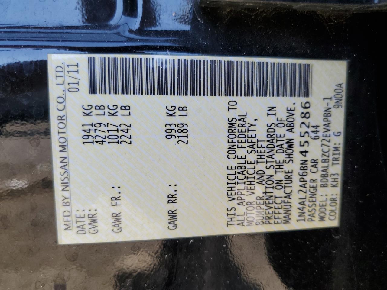 2011 Nissan Altima Base VIN: 1N4AL2AP6BN455286 Lot: 66263195