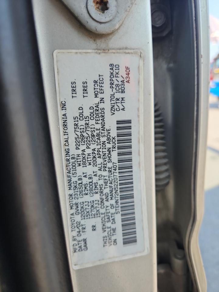 2002 Toyota Tacoma Double Cab VIN: 5TEHN72N52Z077407 Lot: 68817785