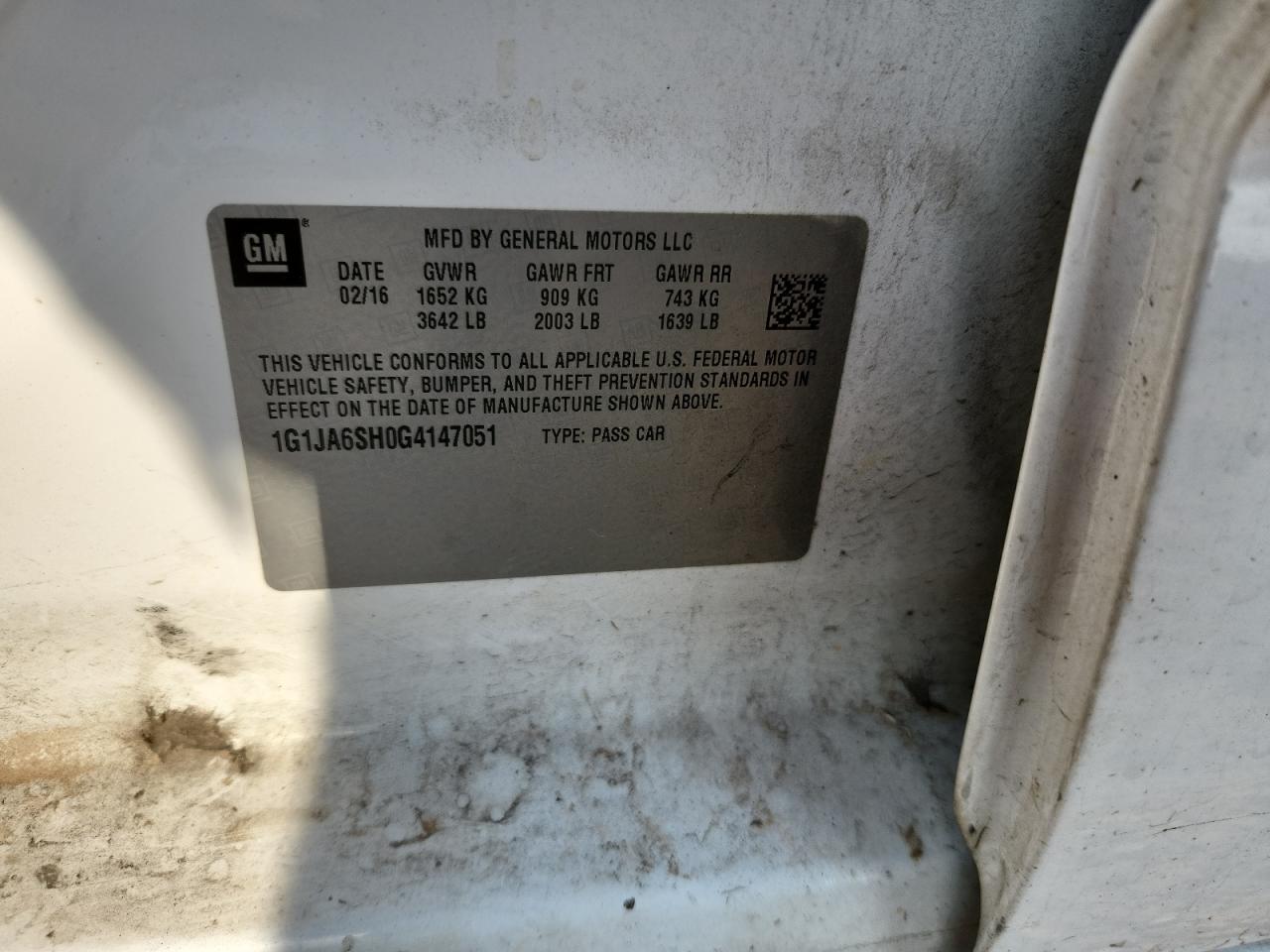 2016 Chevrolet Sonic Ls VIN: 1G1JA6SH0G4147051 Lot: 69433895