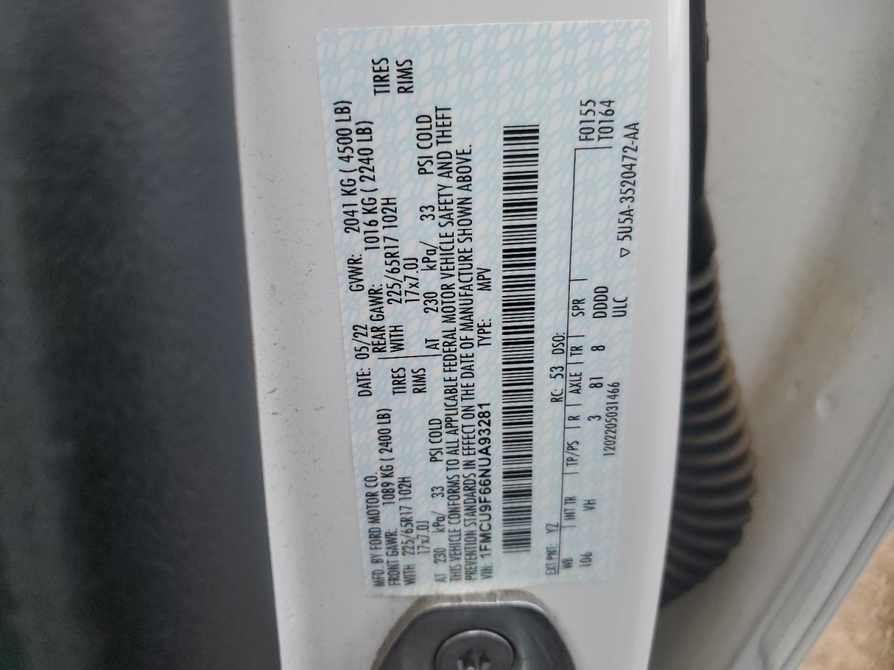 2022 Ford Escape S VIN: 1FMCU9F66NUA93281 Lot: 68260425