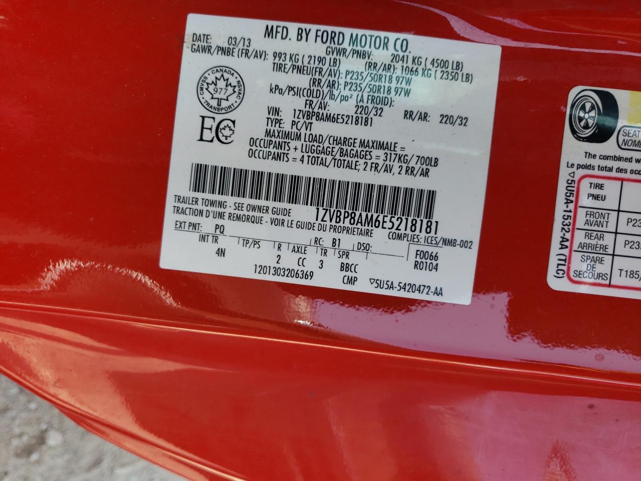 2014 Ford Mustang VIN: 1ZVBP8AM6E5218181 Lot: 68206325