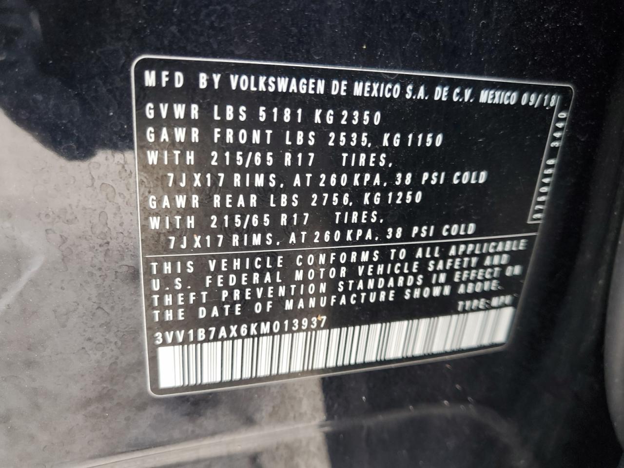 2019 Volkswagen Tiguan S VIN: 3VV1B7AX6KM013937 Lot: 69108025