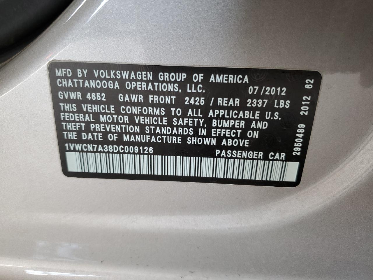 2013 Volkswagen Passat Sel VIN: 1VWCN7A38DC009126 Lot: 70058855