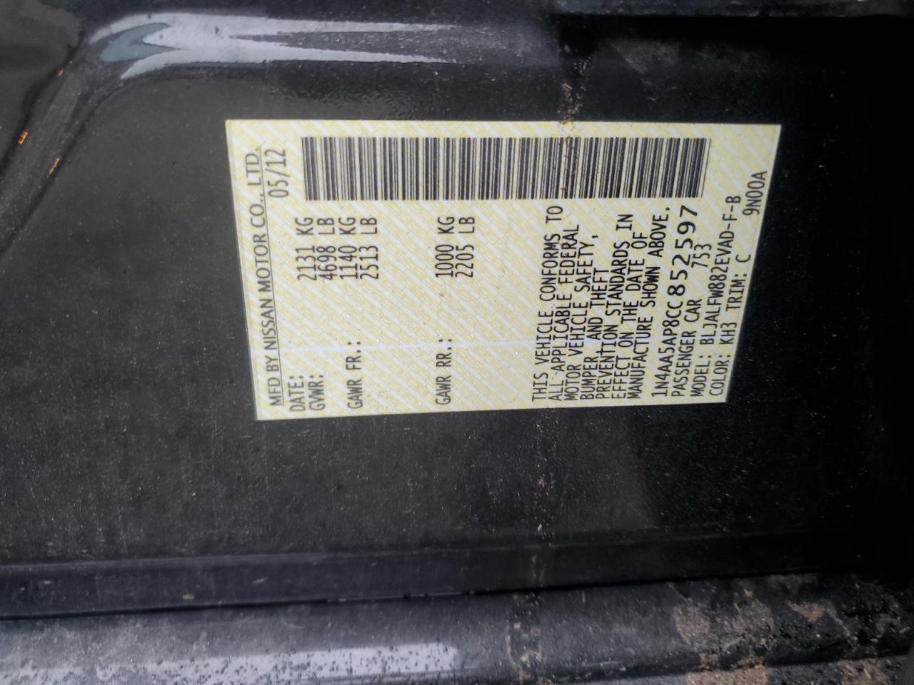 2012 Nissan Maxima S VIN: 1N4AA5AP8CC852597 Lot: 69211135