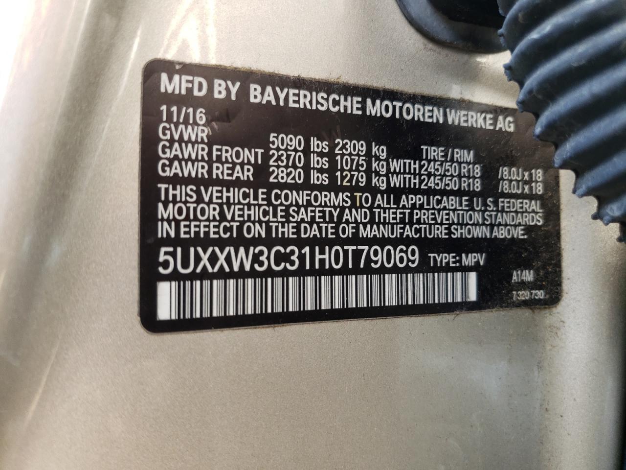 2017 BMW X4 xDrive28I VIN: 5UXXW3C31H0T79069 Lot: 69688845