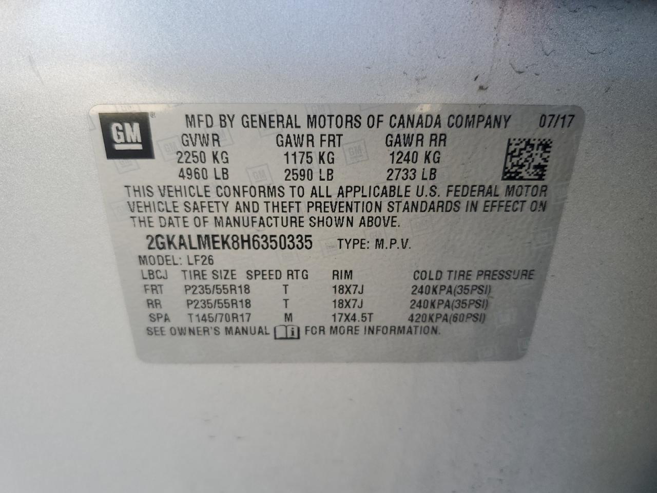 2017 GMC Terrain Sle VIN: 2GKALMEK8H6350335 Lot: 70817655