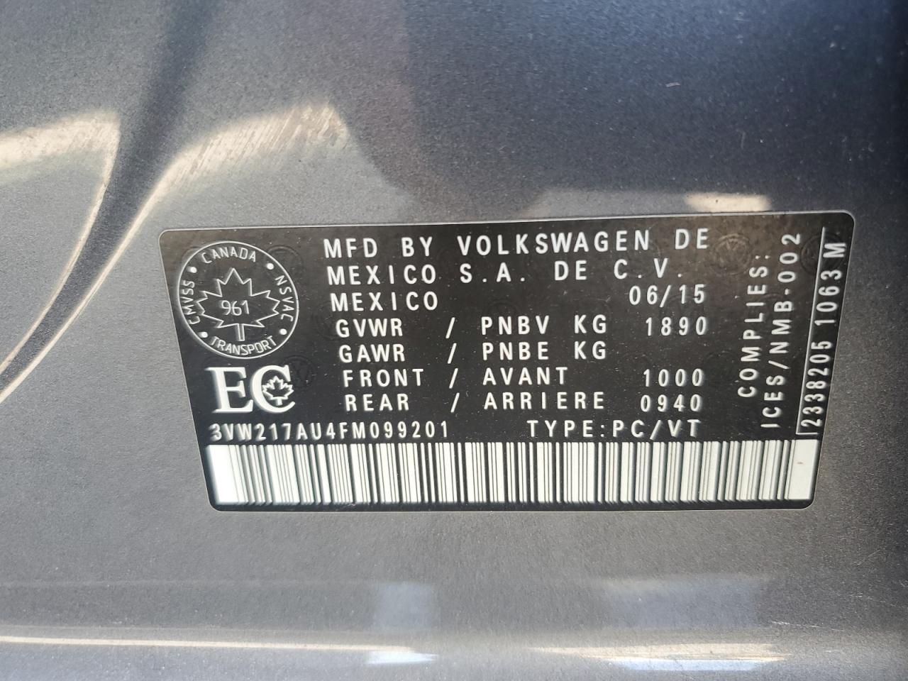 2015 Volkswagen Golf VIN: 3VW217AU4FM099201 Lot: 69241695