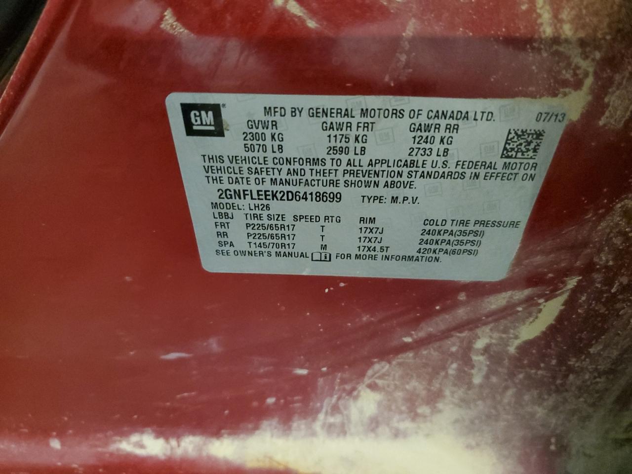 2013 Chevrolet Equinox Lt VIN: 2GNFLEEK2D6418699 Lot: 70463345