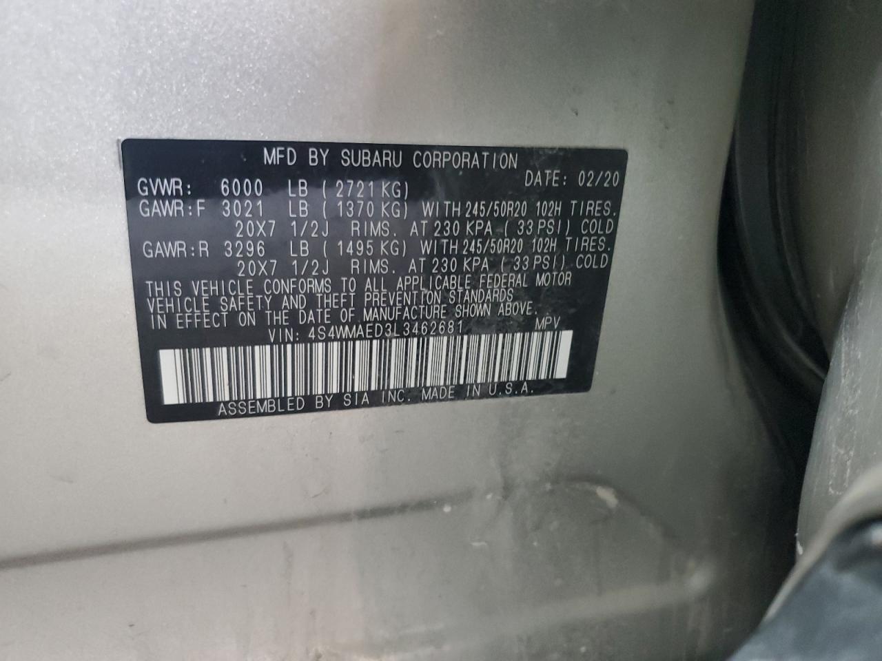 2020 Subaru Ascent Premium VIN: 4S4WMAED3L3462681 Lot: 68632185