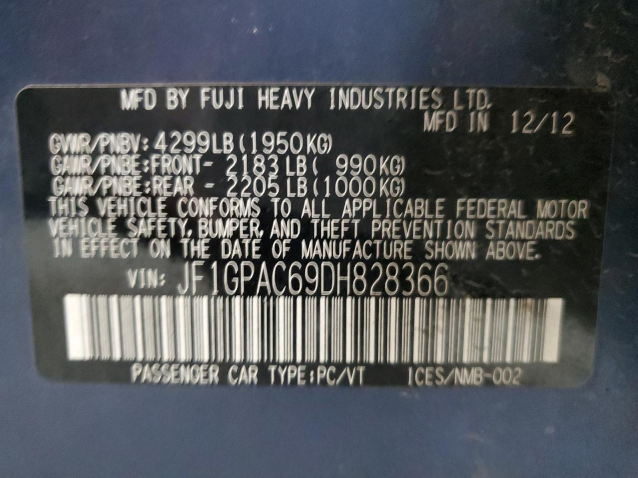 2013 Subaru Impreza Premium VIN: JF1GPAC69DH828366 Lot: 69930255