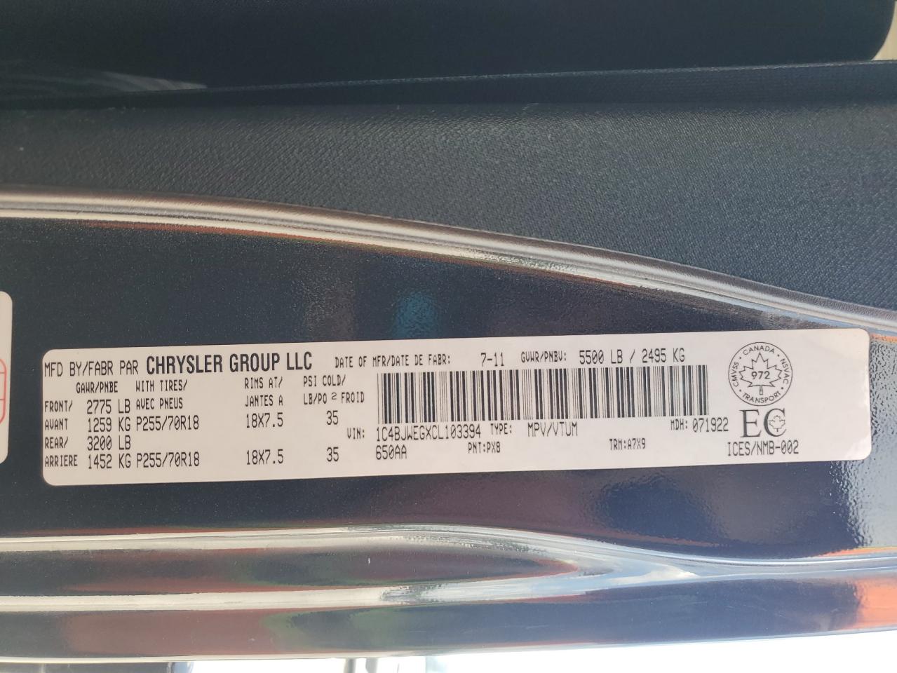 2012 Jeep Wrangler Unlimited Sahara VIN: 1C4BJWEGXCL103394 Lot: 67576795