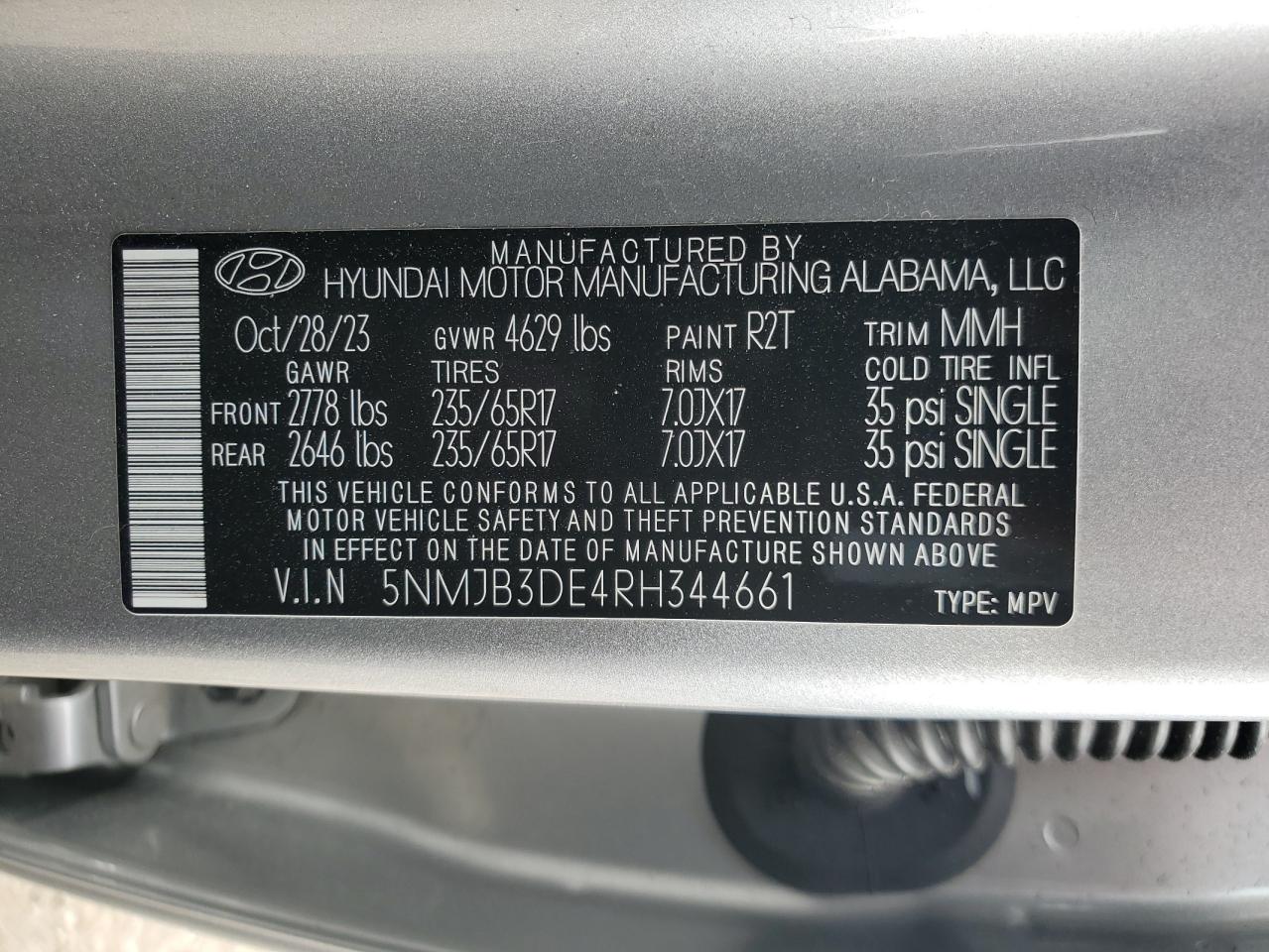 2024 Hyundai Tucson Sel VIN: 5NMJB3DE4RH344661 Lot: 70462625