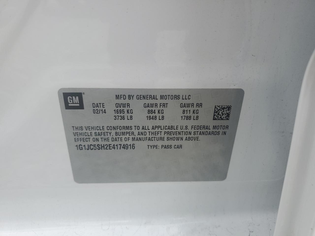 2014 Chevrolet Sonic Lt VIN: 1G1JC5SH2E4174916 Lot: 69815225