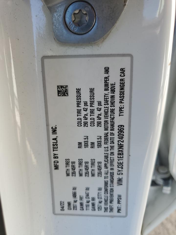 2022 Tesla Model 3 VIN: 5YJ3E1EBXNF240969 Lot: 70219265
