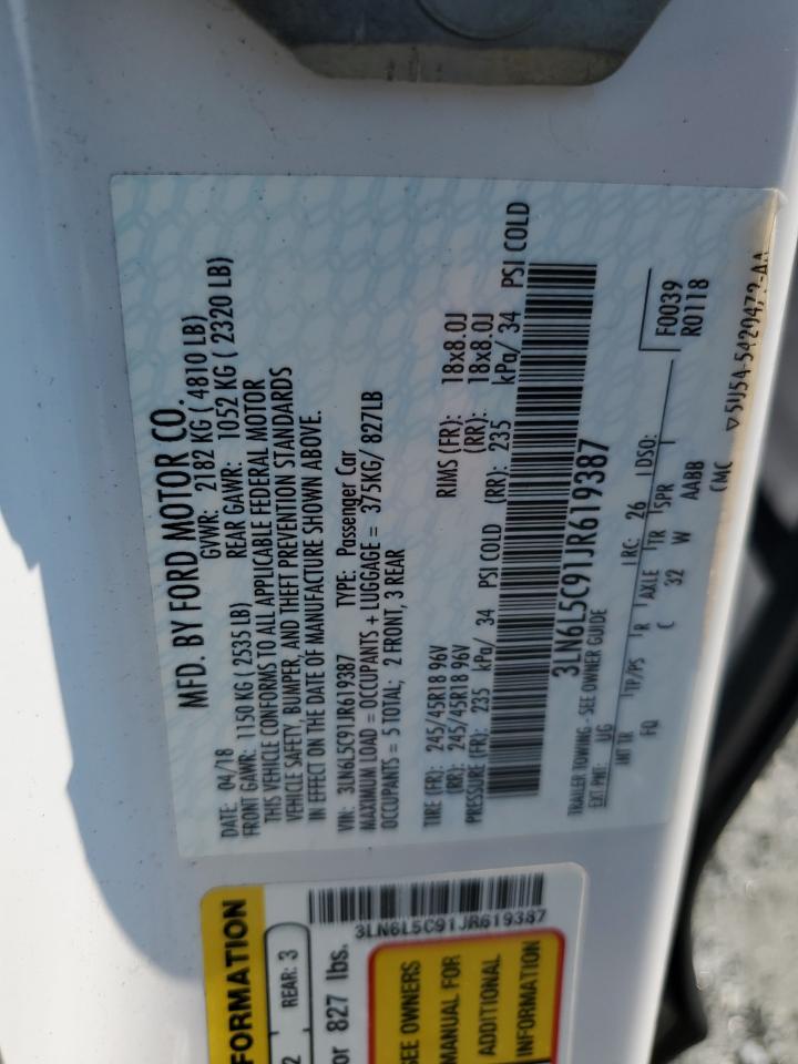 2018 Lincoln Mkz Select VIN: 3LN6L5C91JR619387 Lot: 67919335