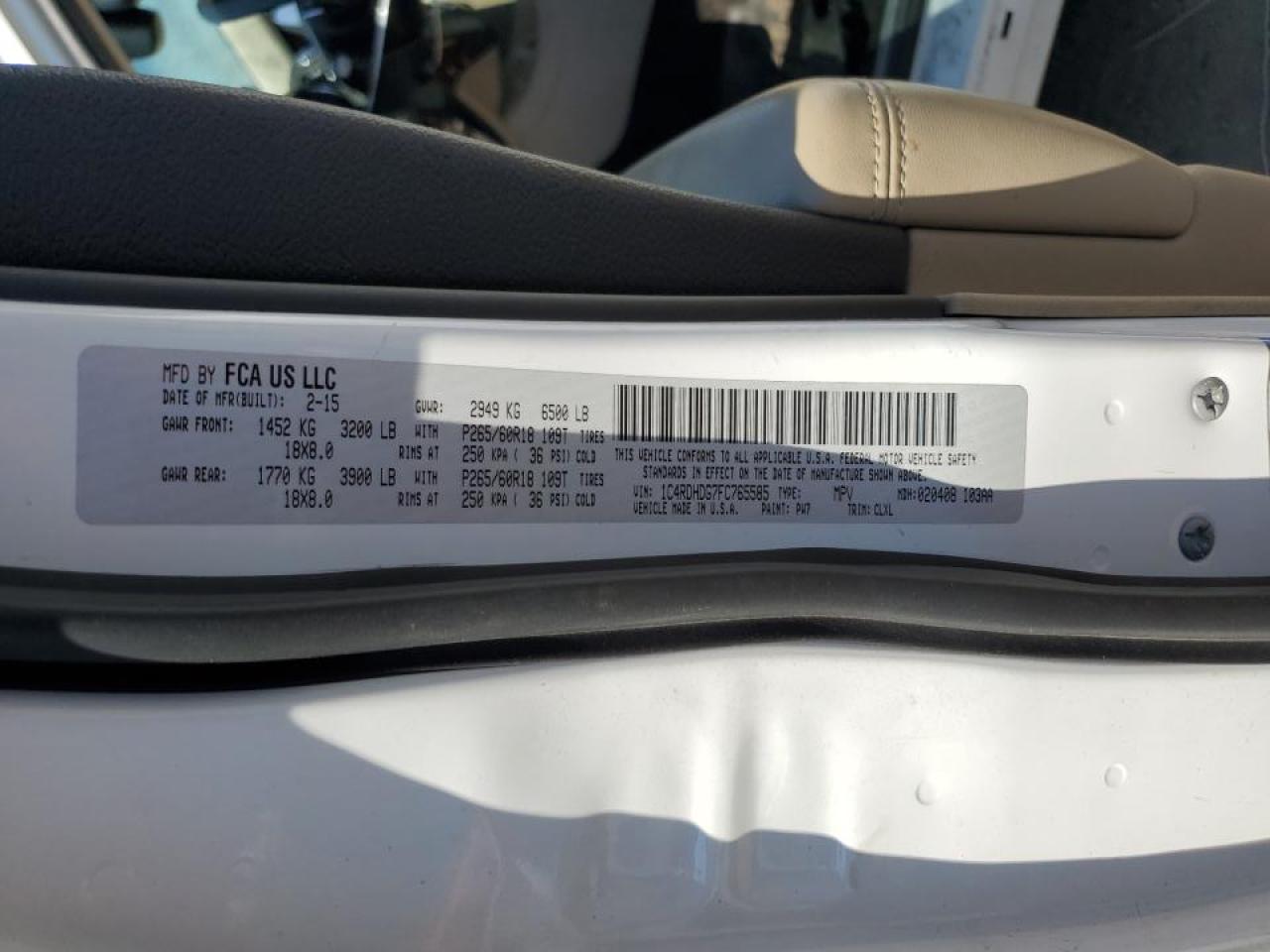 2015 Dodge Durango Limited VIN: 1C4RDHDG7FC765585 Lot: 69899205