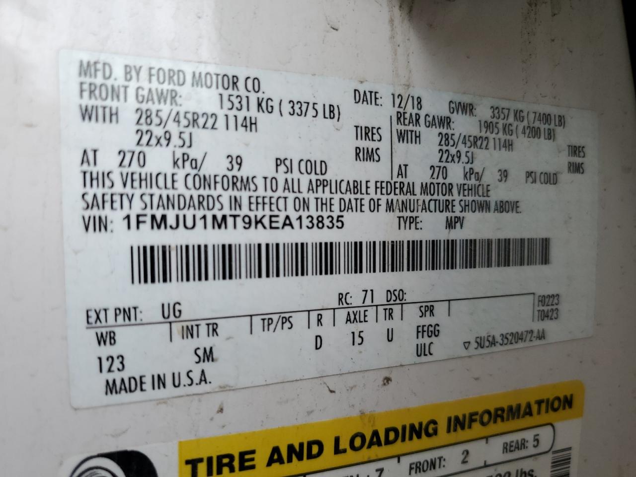 2019 Ford Expedition Platinum VIN: 1FMJU1MT9KEA13835 Lot: 70639695