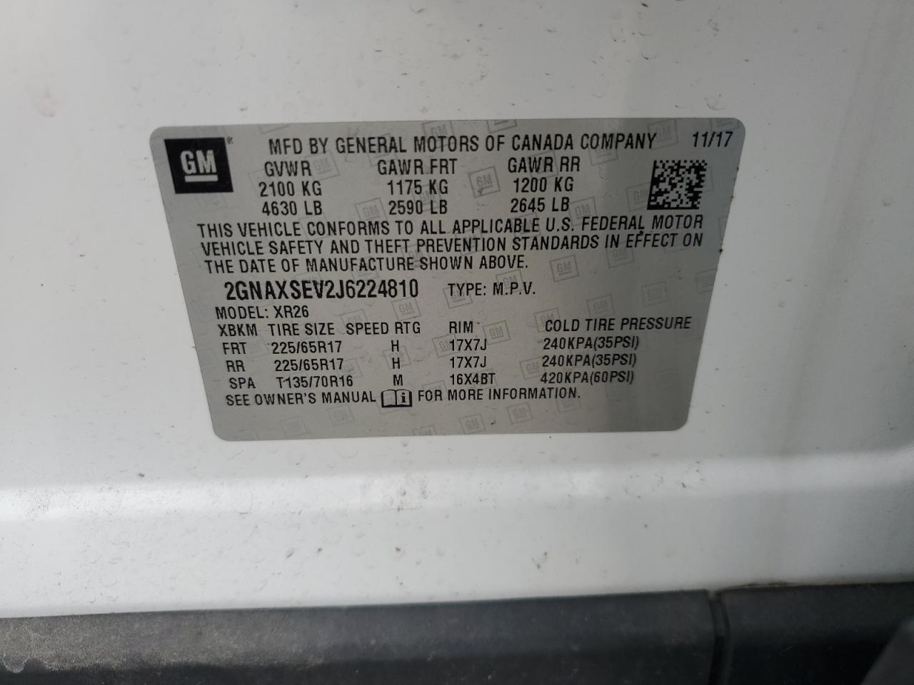 2018 Chevrolet Equinox Lt VIN: 2GNAXSEV2J6224810 Lot: 68850625