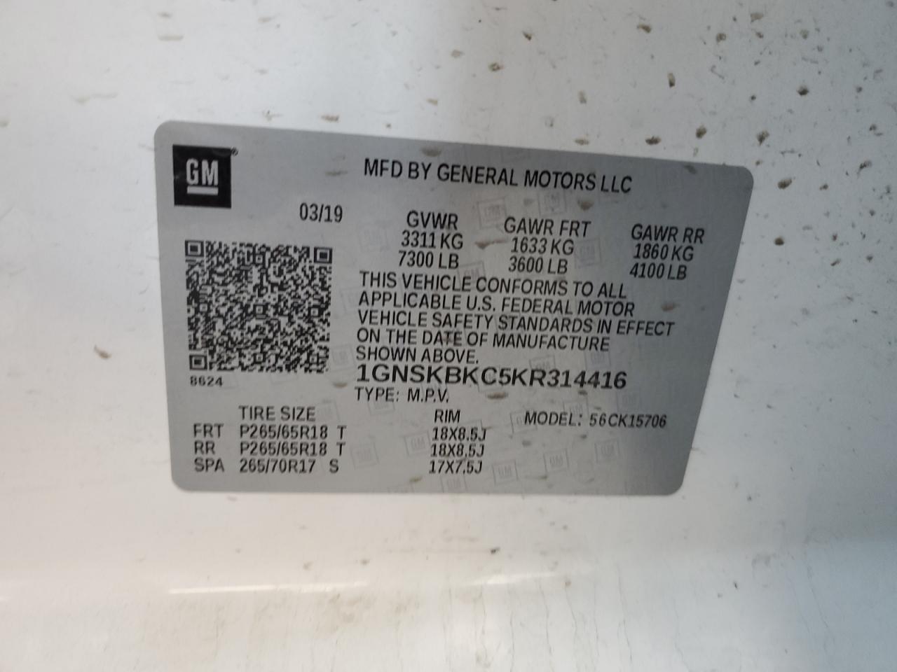 2019 Chevrolet Tahoe K1500 Lt VIN: 1GNSKBKC5KR314416 Lot: 67667575