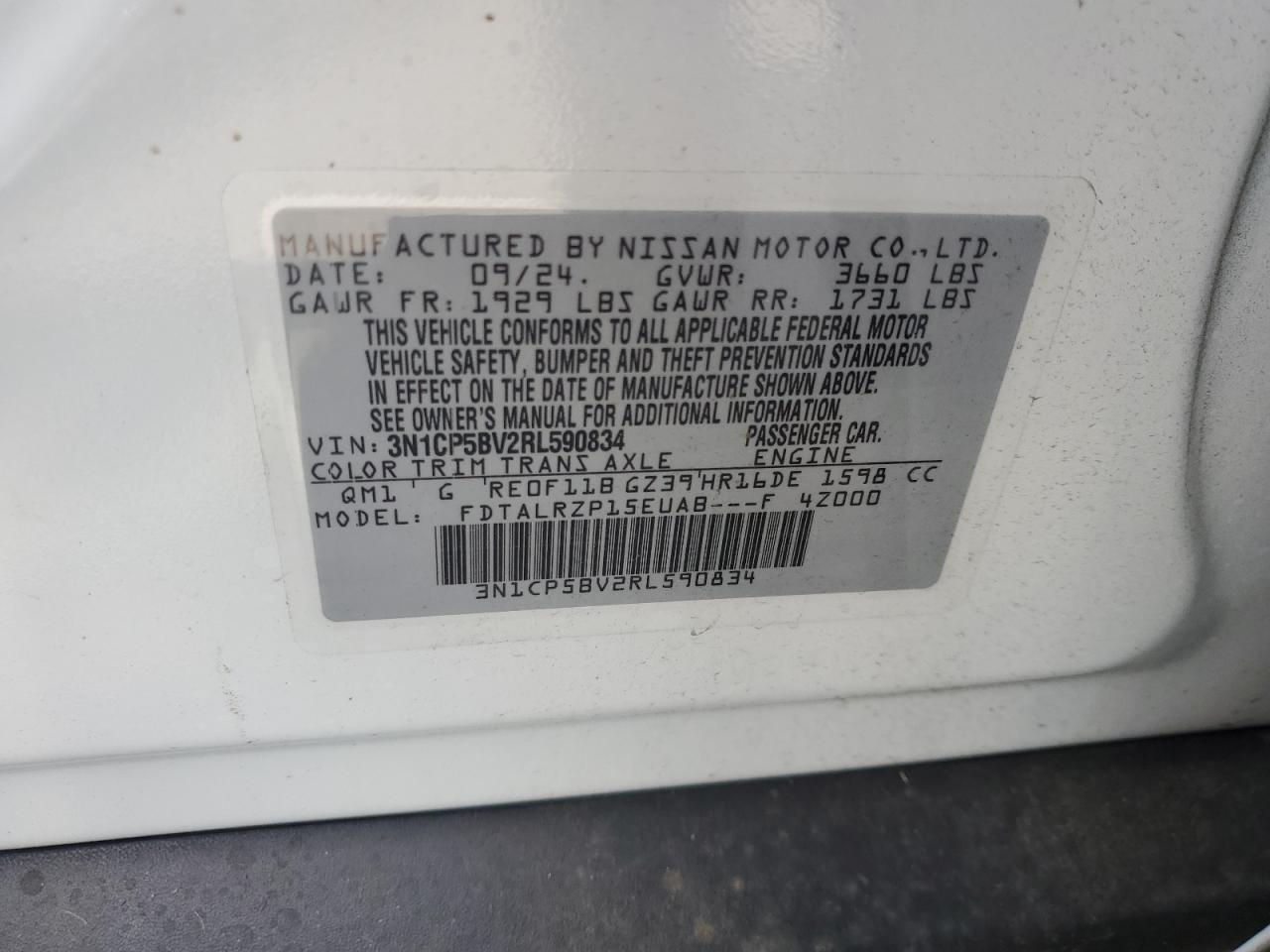 2024 Nissan Kicks S VIN: 3N1CP5BV2RL590834 Lot: 67809335