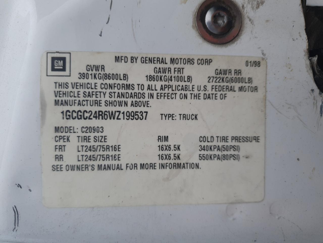 1998 Chevrolet Gmt-400 C2500 VIN: 1GCGC24R6WZ199537 Lot: 71001845