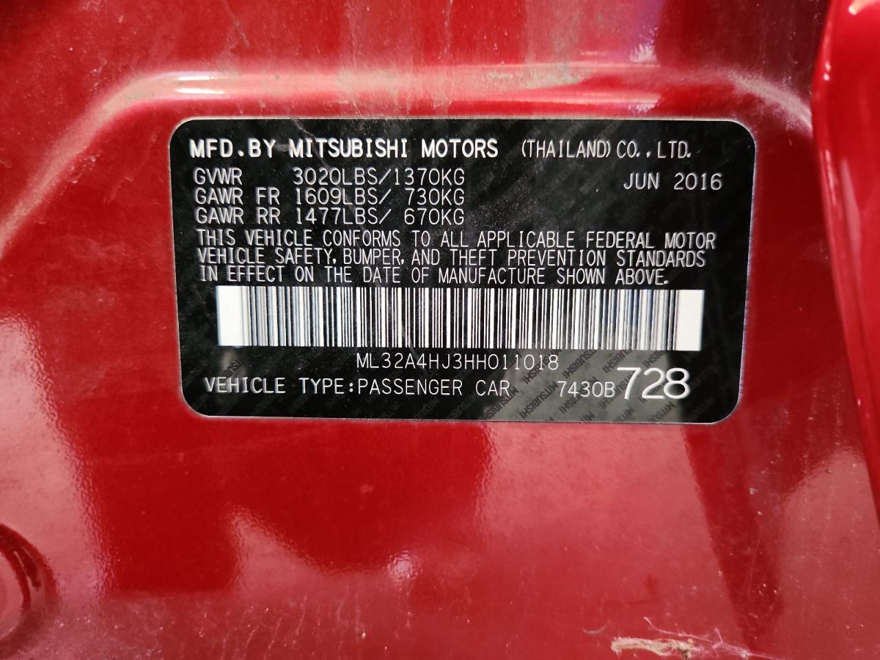 2017 Mitsubishi Mirage Se VIN: ML32A4HJ3HH011018 Lot: 68152695