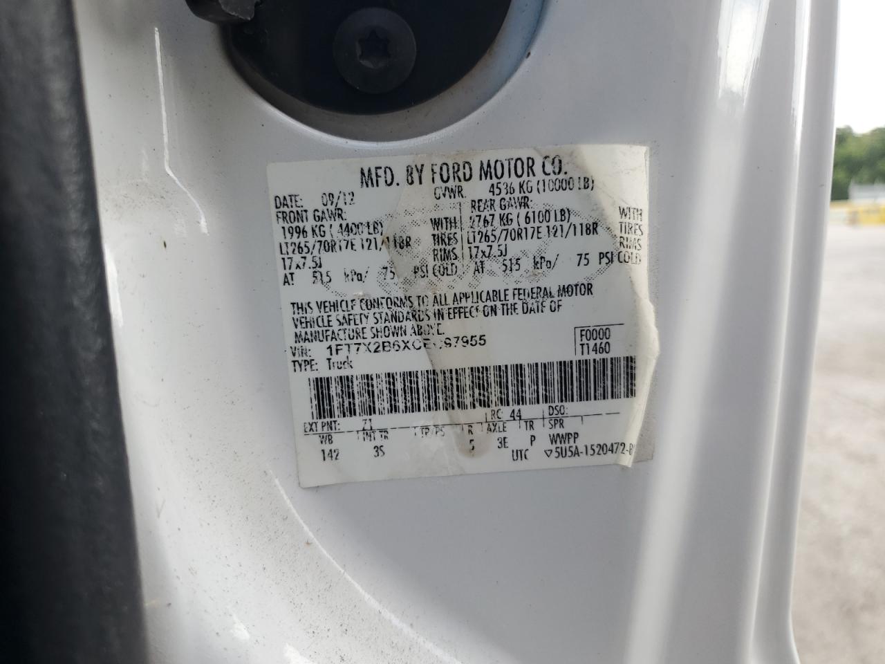 2012 Ford F250 Super Duty VIN: 1FT7X2B6XCEC97955 Lot: 69372445